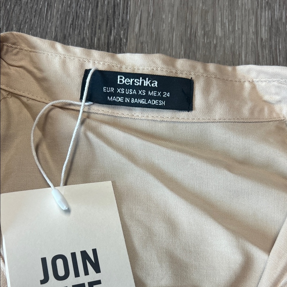 Bershka Beige Stone Fitted Waist Long Sleeve Shirt Dress XS Tie Back Button Down - Picture 2 of 6